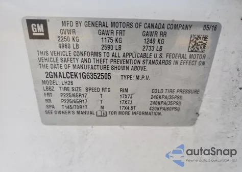 2016 Chevrolet Equinox Lt z USA, uszkodzony, nr VIN 2GNALCEK1G6352505